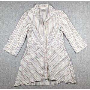 Finley Women Top Medium Isis Tunic Button Up Striped Pleated 3/4 Sleeve Collared